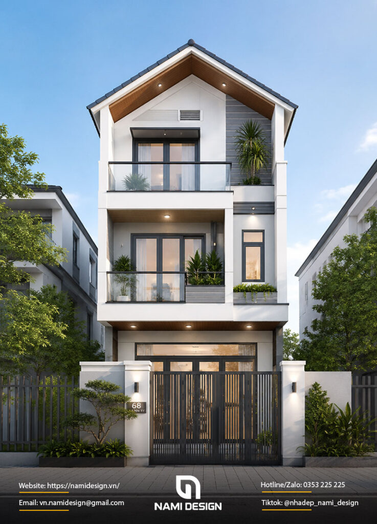 Mẫu nhà phố 3 tầng mái Thái hiện đại, tối giản