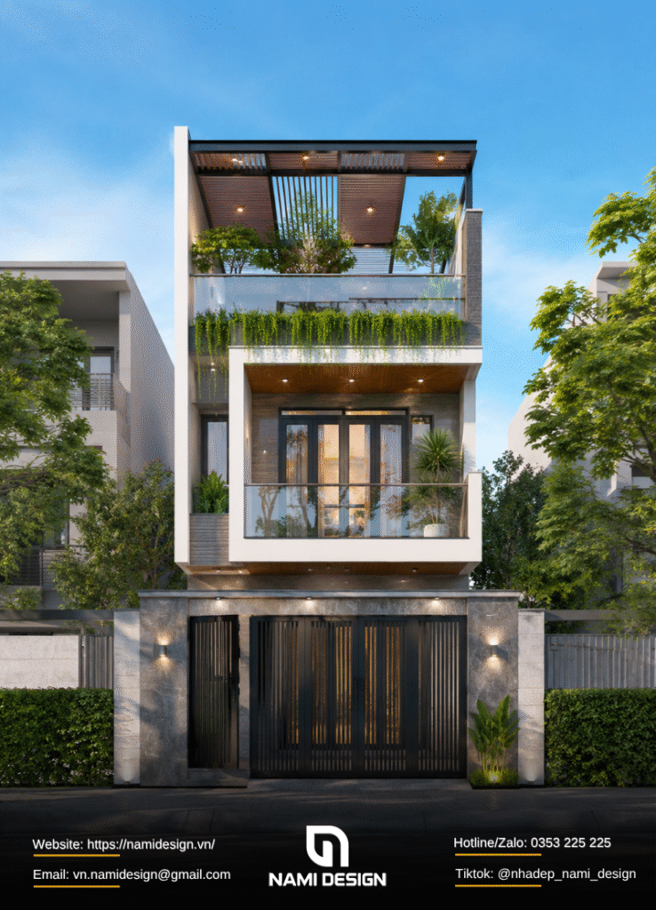 Mẫu nhà phố có sân thượng kết hợp mái che hoặc Pergola