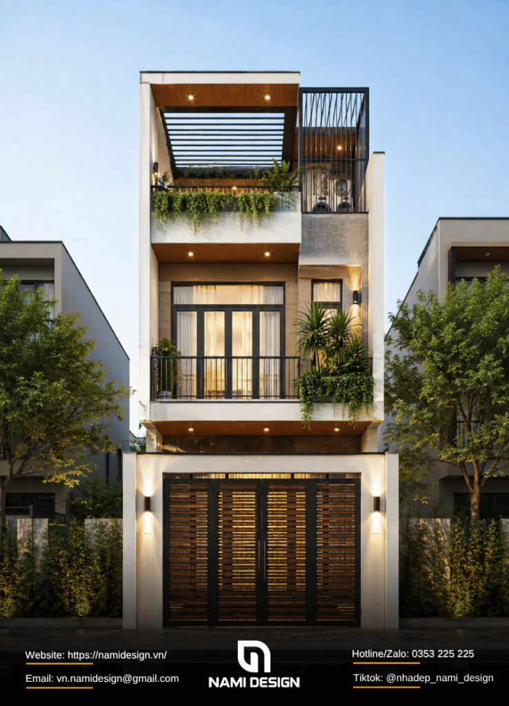 Mẫu nhà phố có sân thượng kết hợp phòng thờ và khu giặt phơi