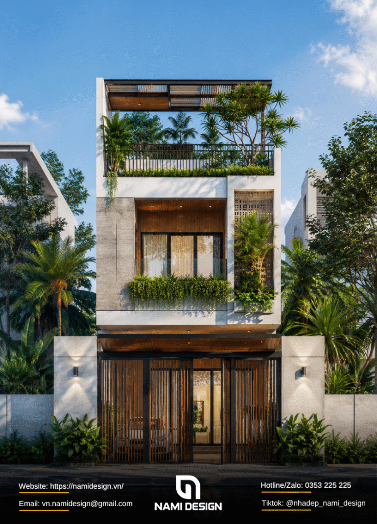 Mẫu nhà phố Modern Tropical có sân vườn trên sân thượng