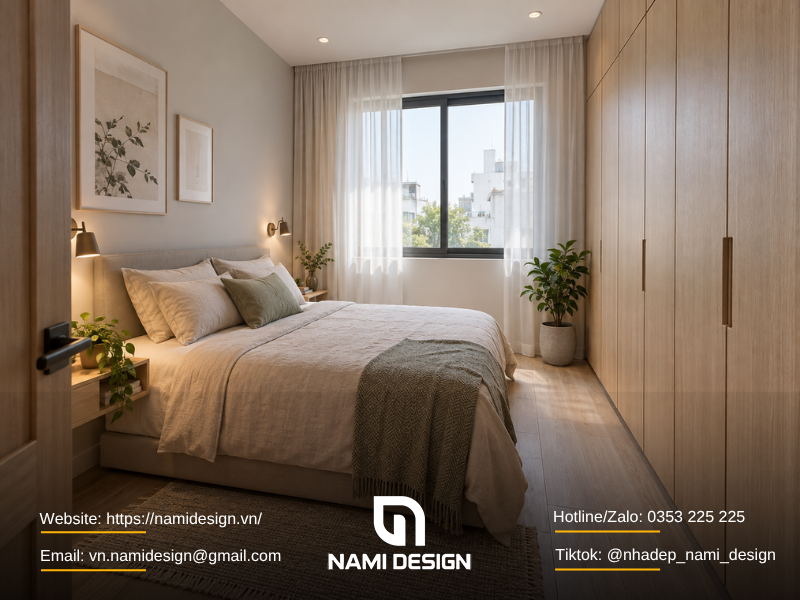 Mẫu phòng ngủ nhỏ 10m2 có giường và tủ quần áo