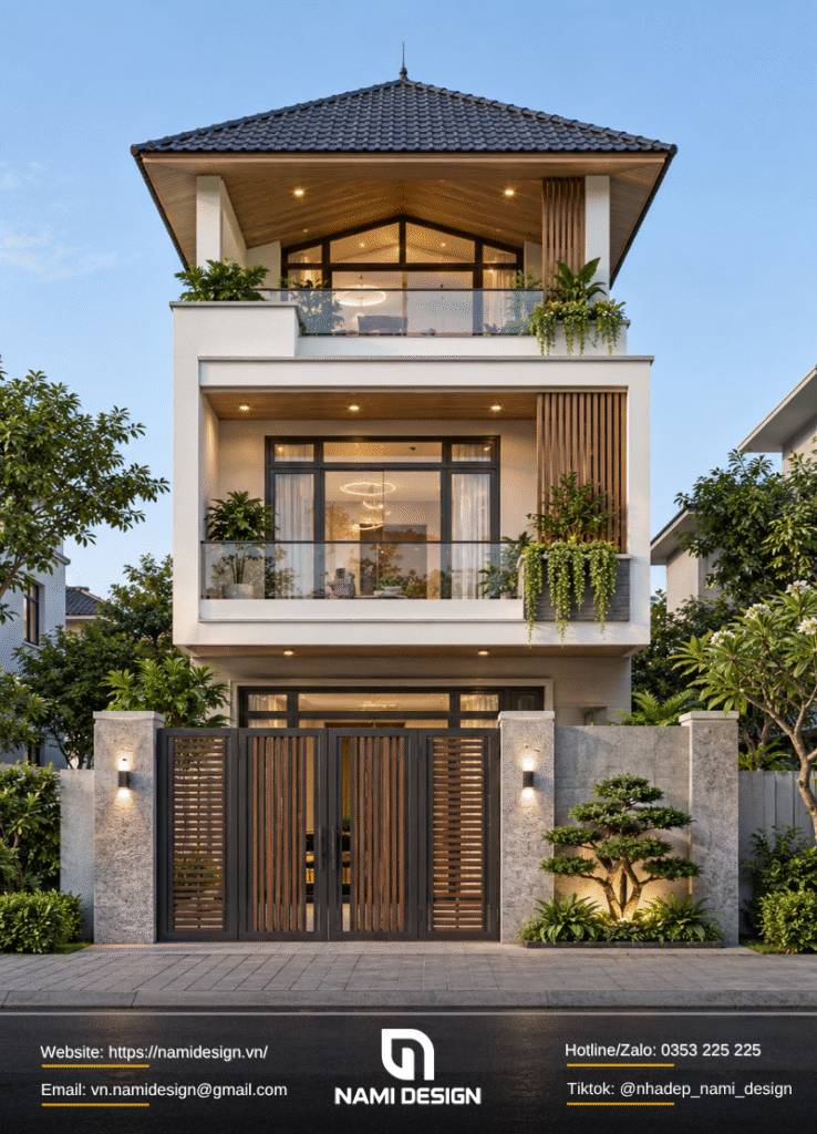 Nhà 2 tầng có gác lửng mái Nhật