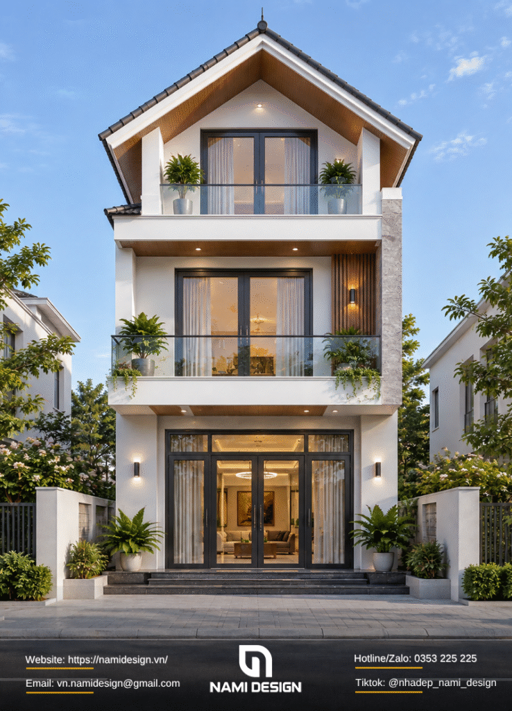 Nhà 2 tầng có gác lửng mái Thái