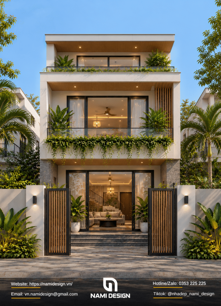 Nhà 2 tầng có gác lửng Modern Tropical