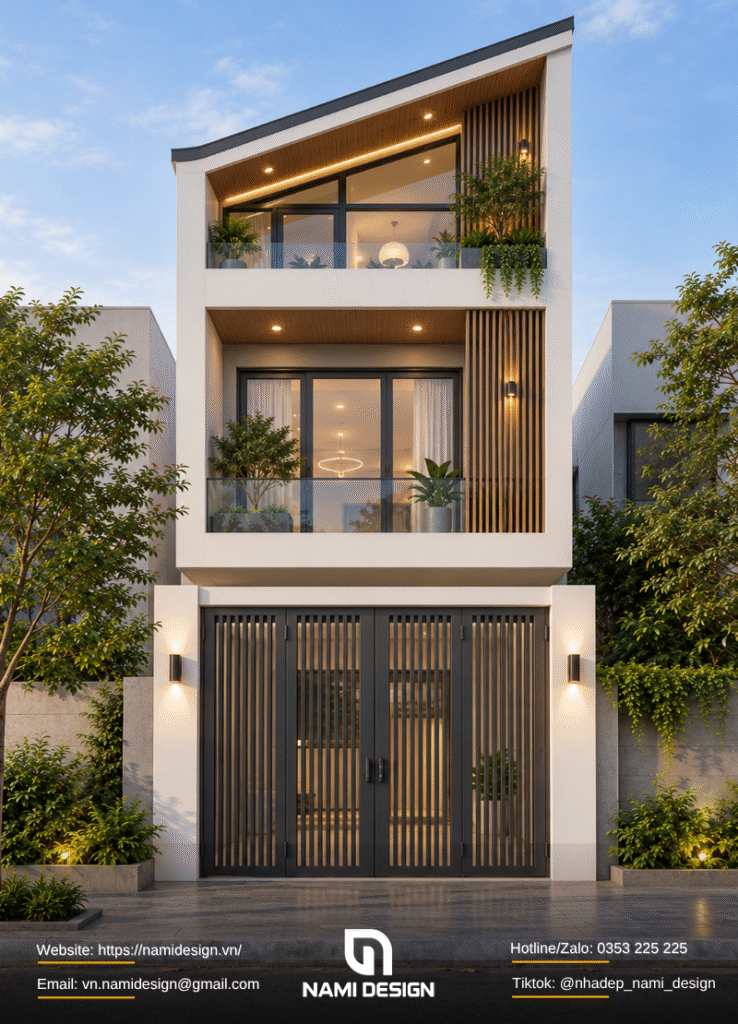 Nhà 2 tầng có gác lửng tối giản