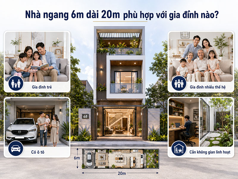Nhà ngang 6m dài 20m phù hợp với gia đình nào