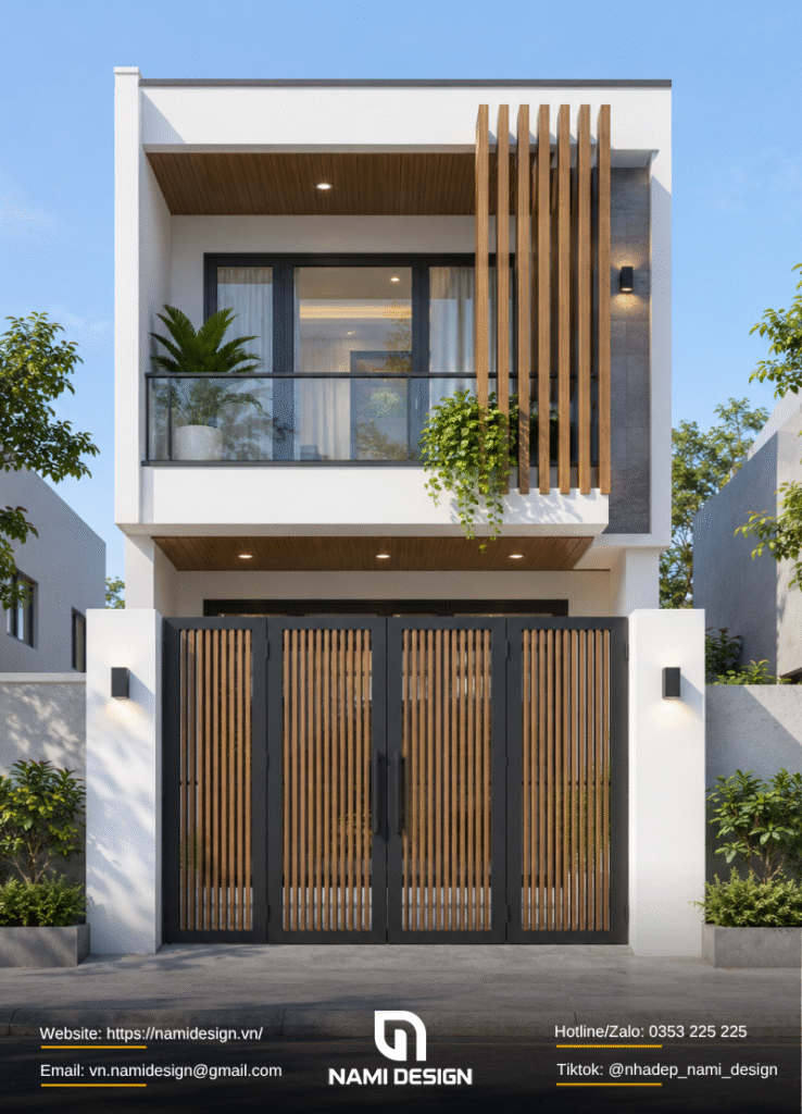 Nhà ống 2 tầng đơn giản có ban công và lam che nắng