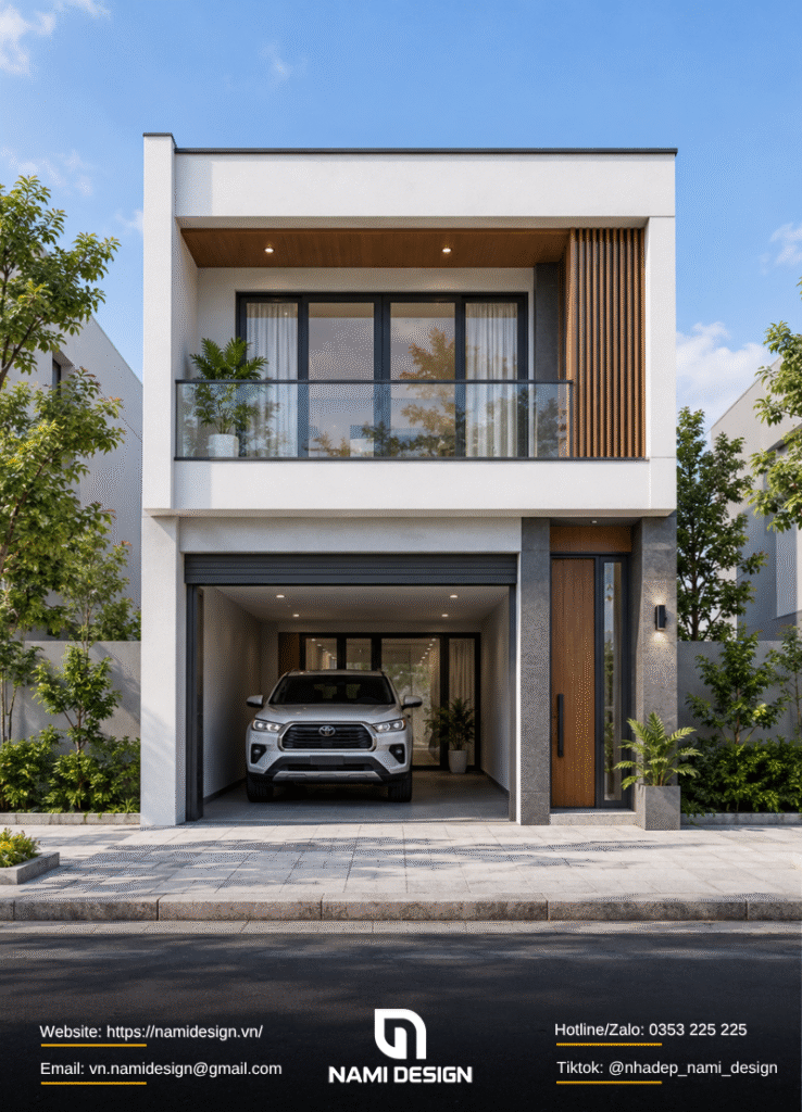 Nhà ống 2 tầng đơn giản có gara ô tô