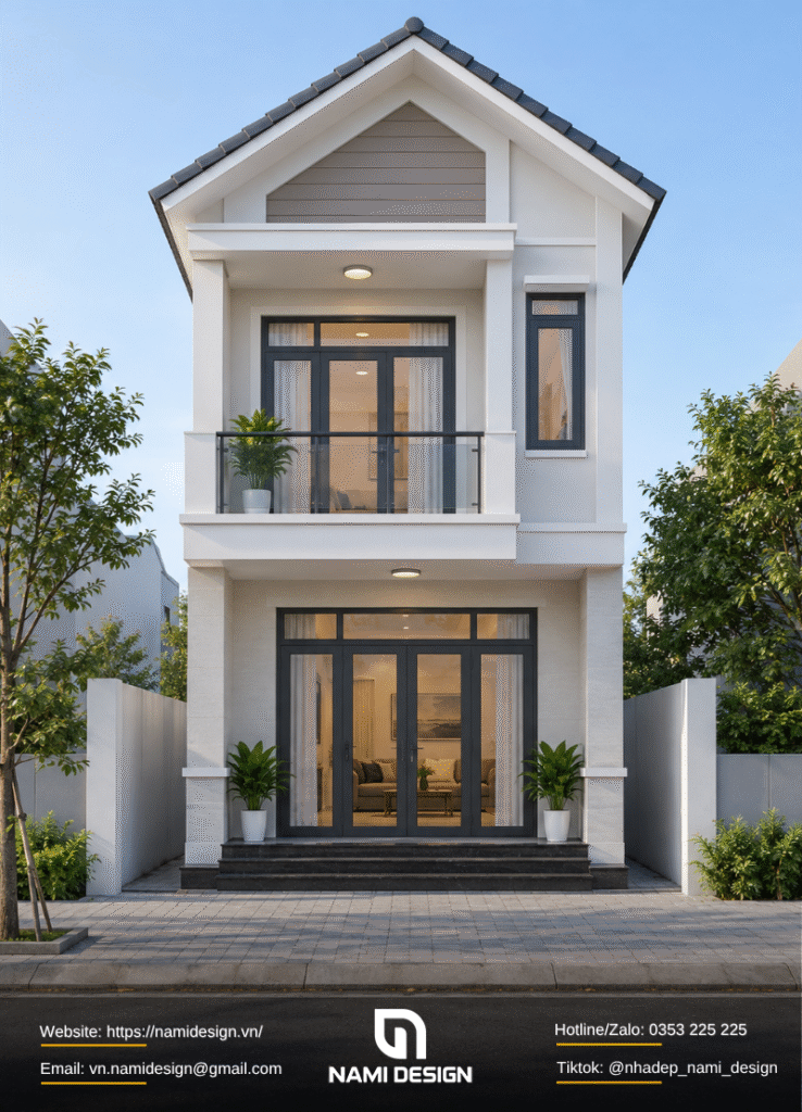 Nhà ống 2 tầng đơn giản mái Thái ít chi tiết