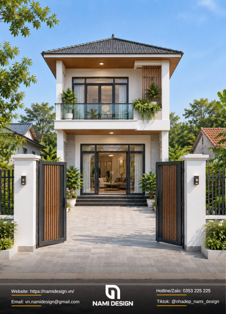 Nhà ống nông thôn 2 tầng có sân trước và cổng
