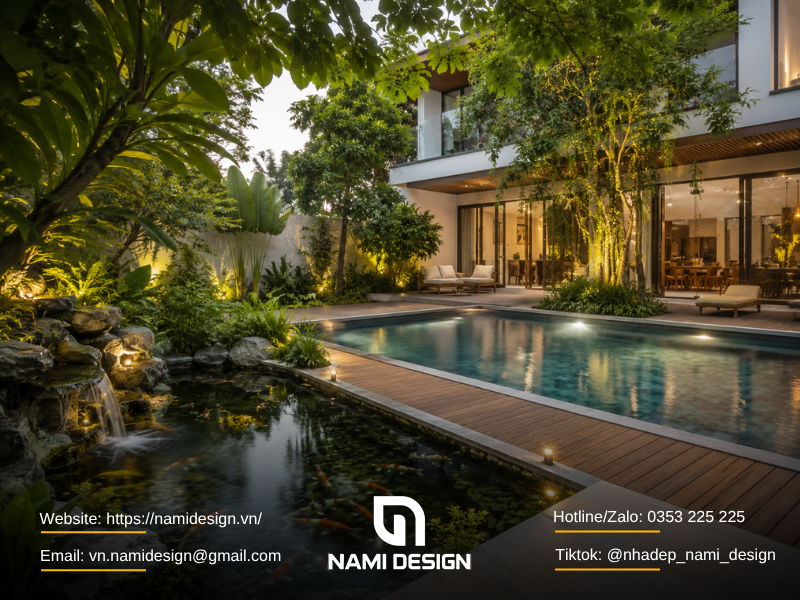 Nhà phố sân vườn có hồ cá hoặc hồ bơi