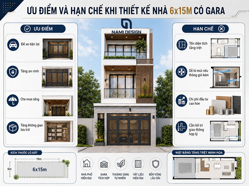 Ưu điểm và hạn chế khi thiết kế nhà 6x15m có gara