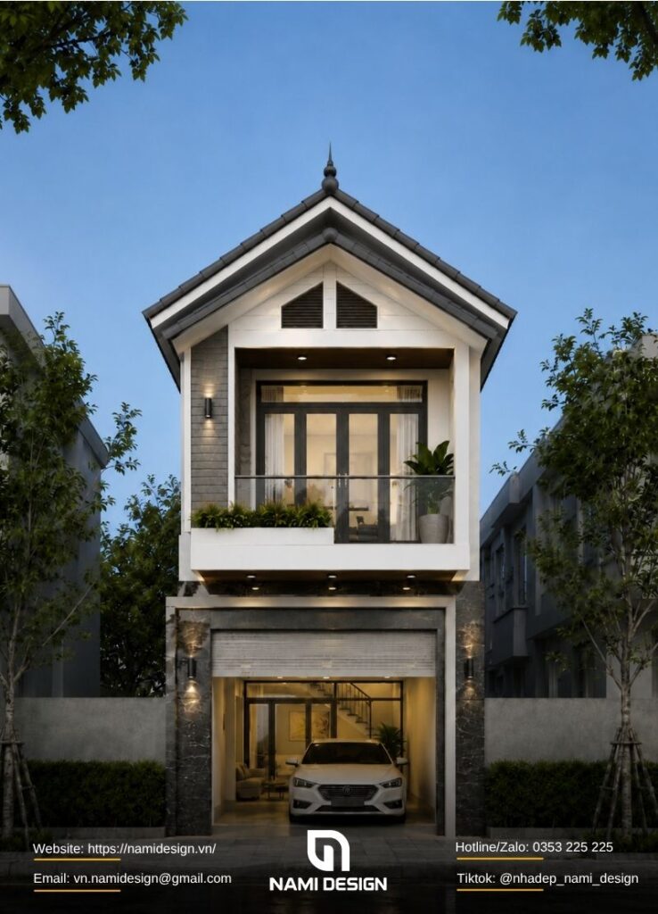 Mẫu nhà ống 2 tầng mái Thái có gara để xe