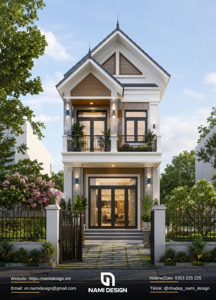 Mẫu nhà ống 2 tầng mái Thái có sân vườn