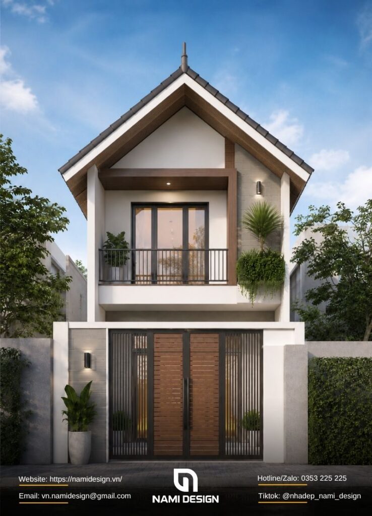 Mẫu nhà ống 2 tầng mái Thái tối giản