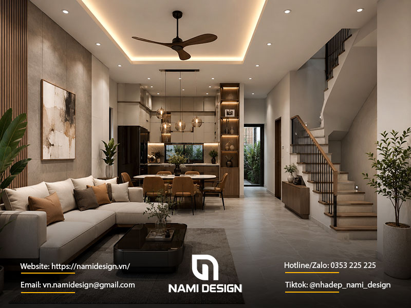 Mẫu phòng khách liền bếp cho nhà phố
