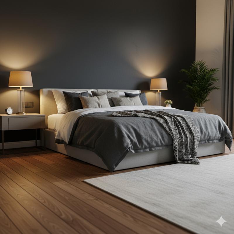 Tường màu xám trung tính kết hợp với nội thất gỗ và ánh sáng vàng tạo nên một không gian vừa hiện đại, vừa ấm cúng