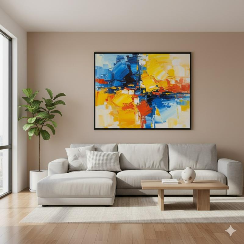 Trên nền tường màu trung tính, một bức tranh sơn dầu rực rỡ trở thành điểm nhấn đầy sức sống, thổi bừng năng lượng và cá tính nghệ thuật cho cả căn phòng