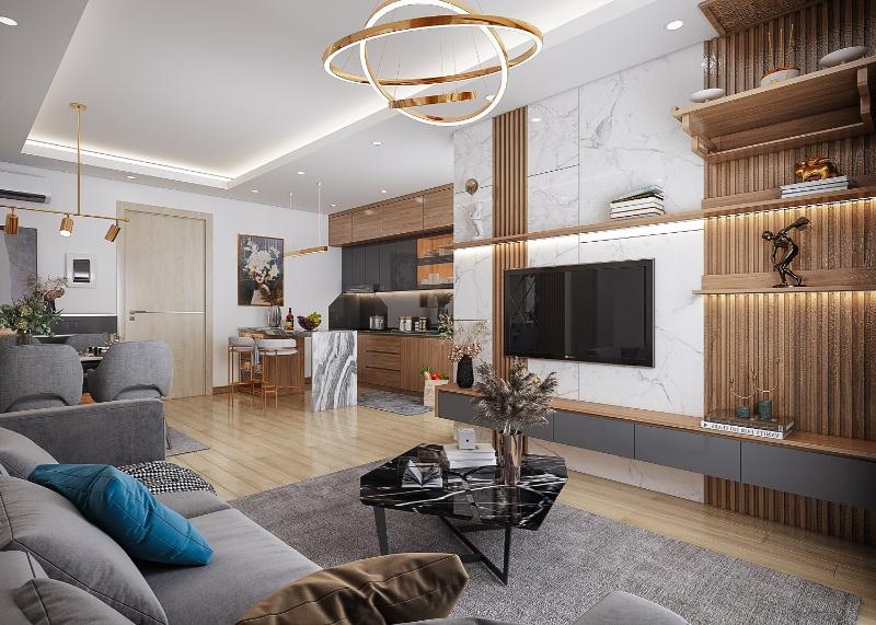Không gian phòng khách liền bếp hiện đại, minh chứng cho việc thi công đúng thiết kế sẽ đảm bảo trọn vẹn cả công năng sử dụng lẫn giá trị thẩm mỹ.
