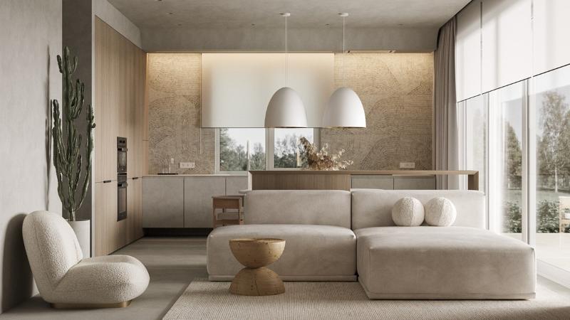 Bố trí nội thất phòng khách hài hòa với sofa và tông màu trung tính, tạo cảm giác rộng rãi và thoải mái.