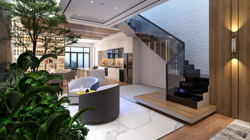 Không gian mở chan hòa ánh sáng tự nhiên cùng mảng xanh mát mắt sau khi công trình hoàn tất thi công.