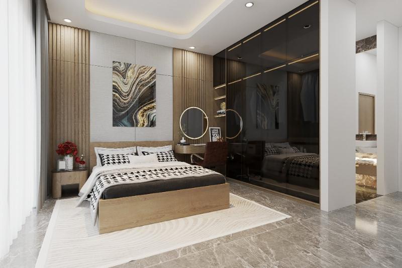 Nội thất phòng ngủ với hệ tủ quần áo cánh kính hiện đại, cho thấy vật liệu sử dụng quyết định rất lớn đến giá trị thẩm mỹ.