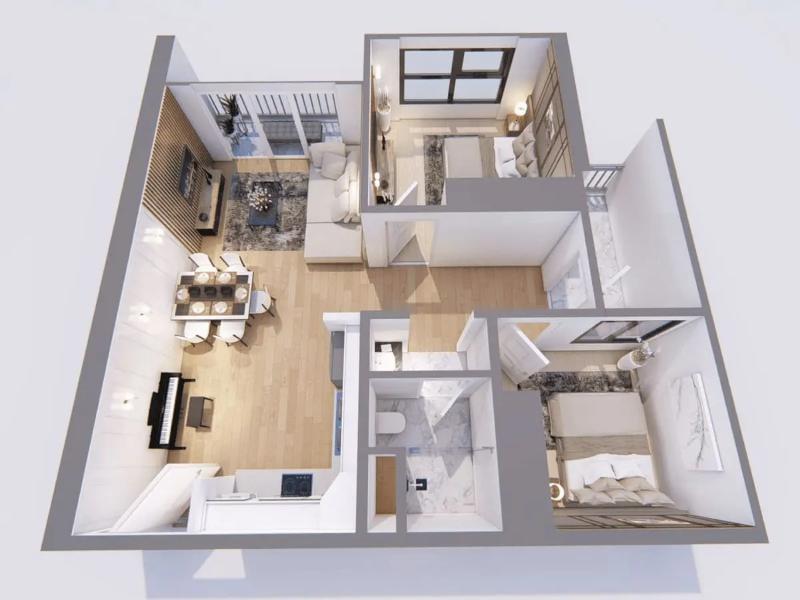 Bản vẽ 3D mô phỏng tổng thể bố trí không gian nội thất cho căn hộ chung cư diện tích 70m².