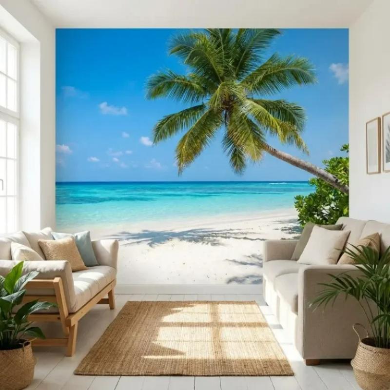 Tranh dán tường phong cảnh đại dương mang đến sự phóng khoáng và chiều sâu vô tận cho phòng khách