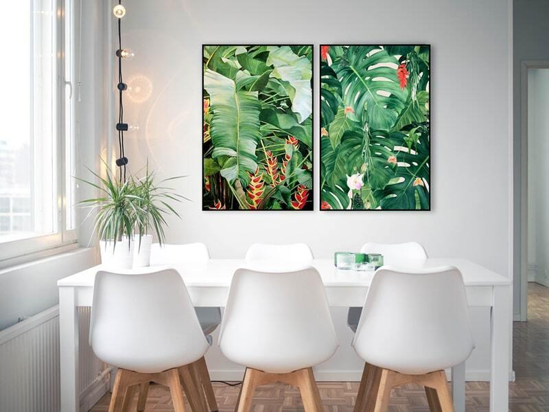 Những bức tranh chủ đề Botanical mang mảng xanh tươi mát, giúp trung hòa tính Hỏa và tạo cảm giác thư thái khi nấu nướng