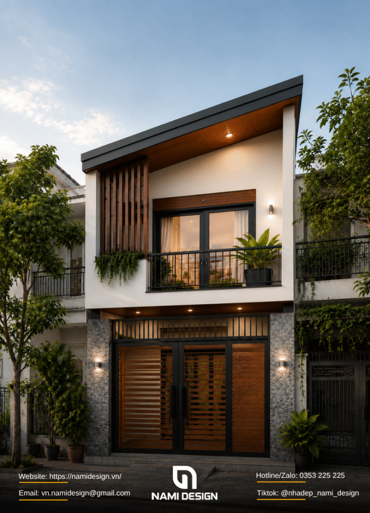 Nhà phố mặt tiền 4m 2 tầng mái lệch, tạo điểm nhấn chiều cao
