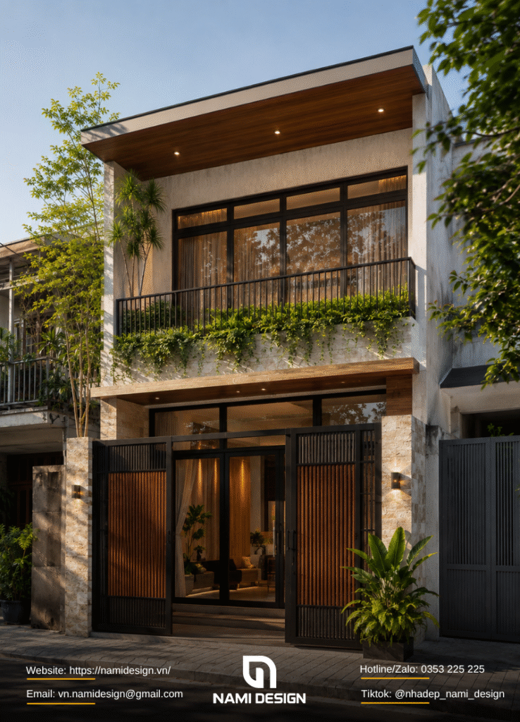 Nhà phố mặt tiền 4m 2 tầng Modern Tropical có mái đua và cây xanh