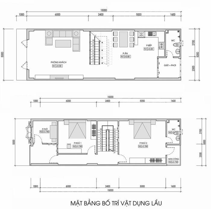 Tổng hợp các bản vẽ thiết kế nhà 2 tầng 5×15 đủ công năng