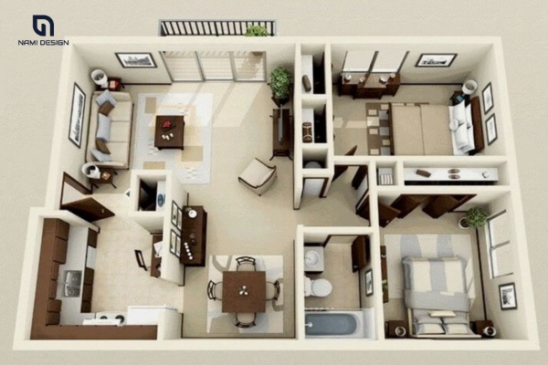 Thiết kế nhà 100m2 2 phòng