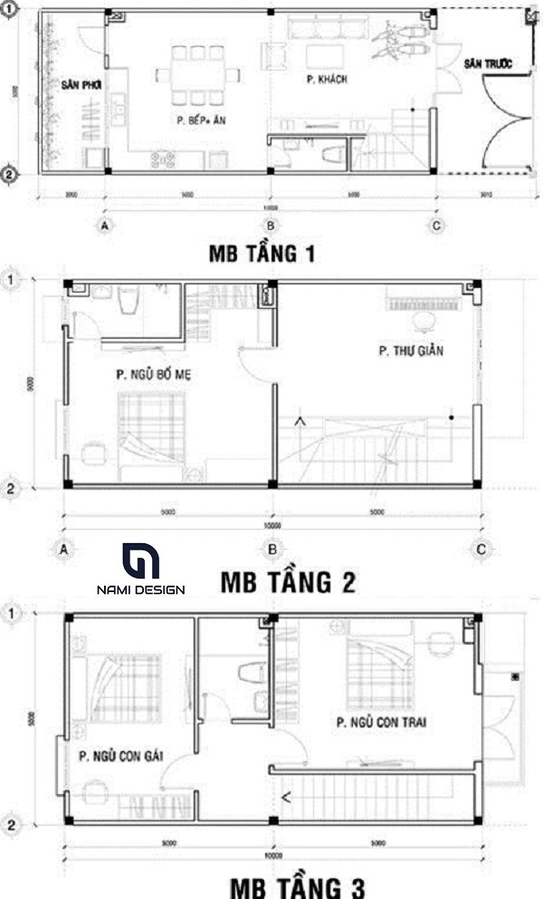 bản vẽ nhà 3 tầng 5x10