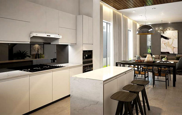 Phòng bếp được thiết kế liền phòng khách nhằm tận dụng tối đa diện tích