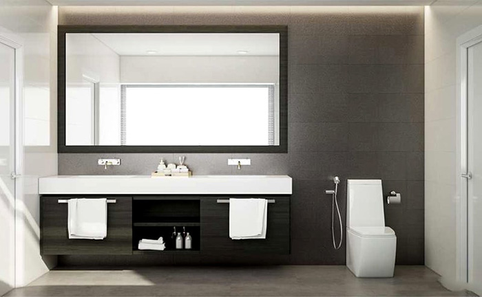 Nhà vệ sinh với thiết kế sang trọng với hai gam màu đen trắng đối lập
